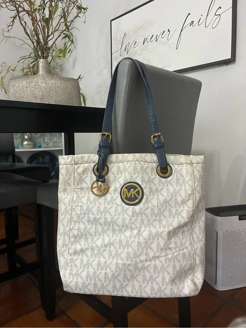 Michael Kors Cream & Navy MK Logo Canvas Tote with Gold Accents